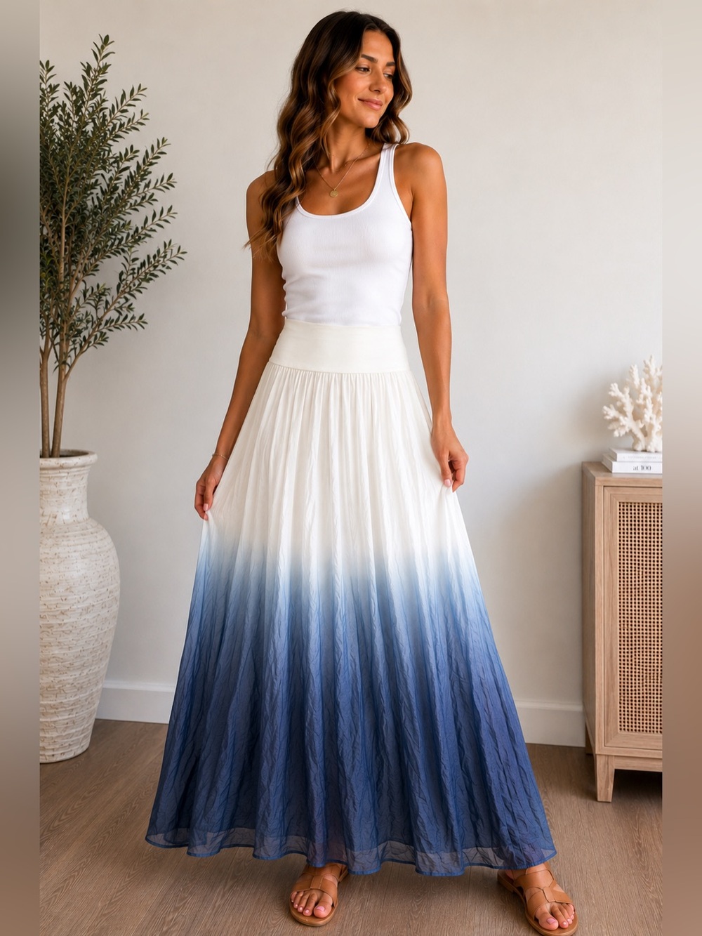 💙 Giusy Italy Silk Ombre Blue White Maxi Skirt Medium Flowy Boho Resort 💙